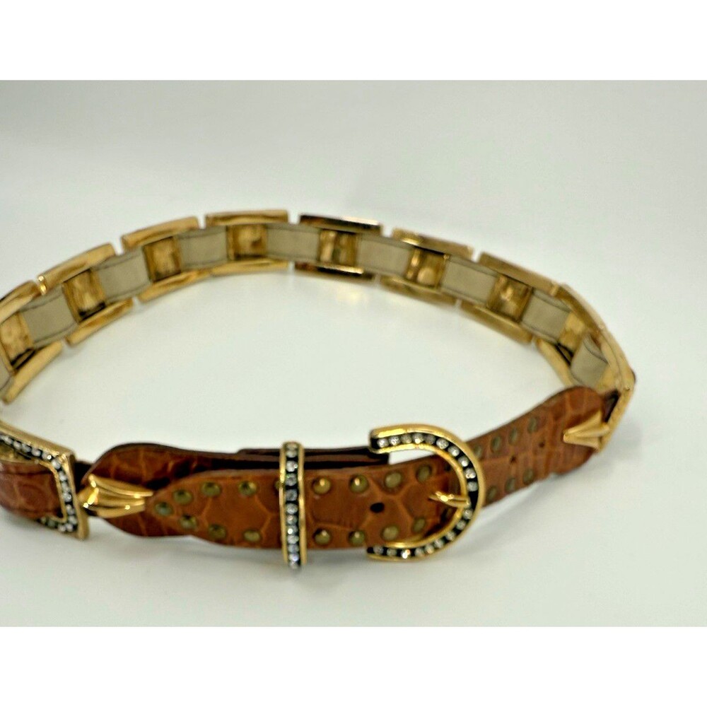 Vintage RARE 1990’s SAND CASTLE Studded Brass  Leather Rhinestone 1.25" x 31"
